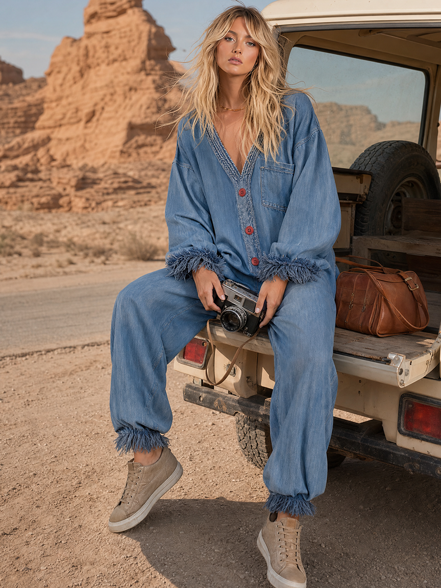Retro Deep-v Contrast-color-button Raw-hem Denim Jumpsuit