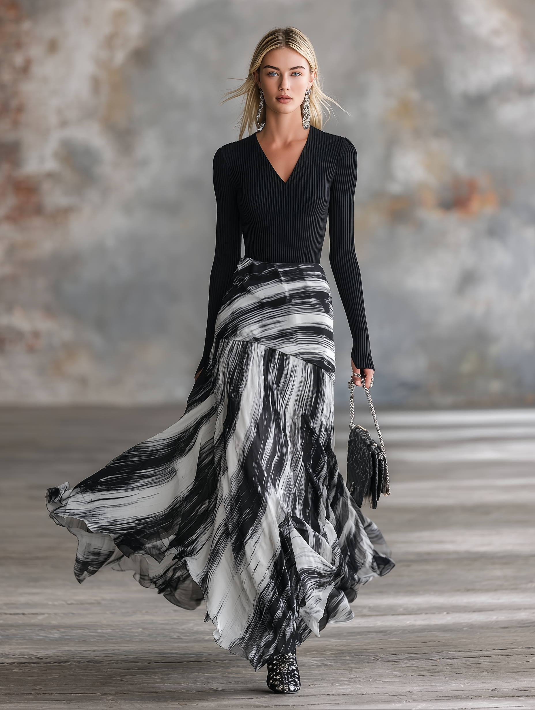 Elegant Party Black Knit Top and Abstract-Stripe Chiffon Skirt Set