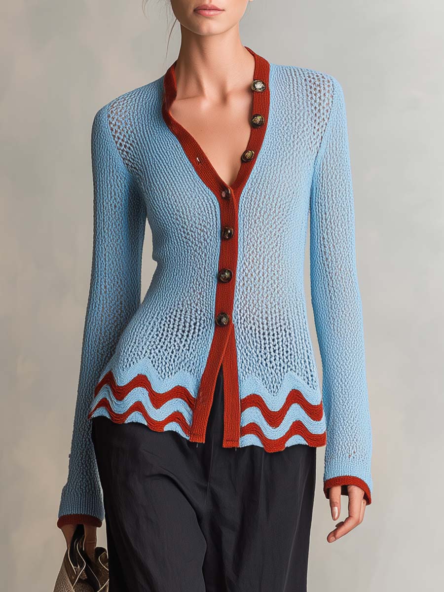 Retro Blue Rust Color-Block V-Neck Pointelle Knit Button Cardigan