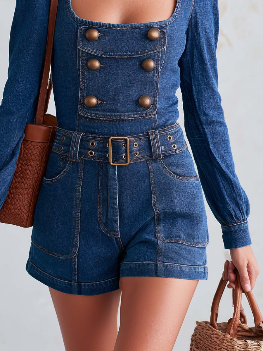 Retro Western Denim Square-Neck Puff-Sleeve Double-Breasted Belted Romper Playsuit