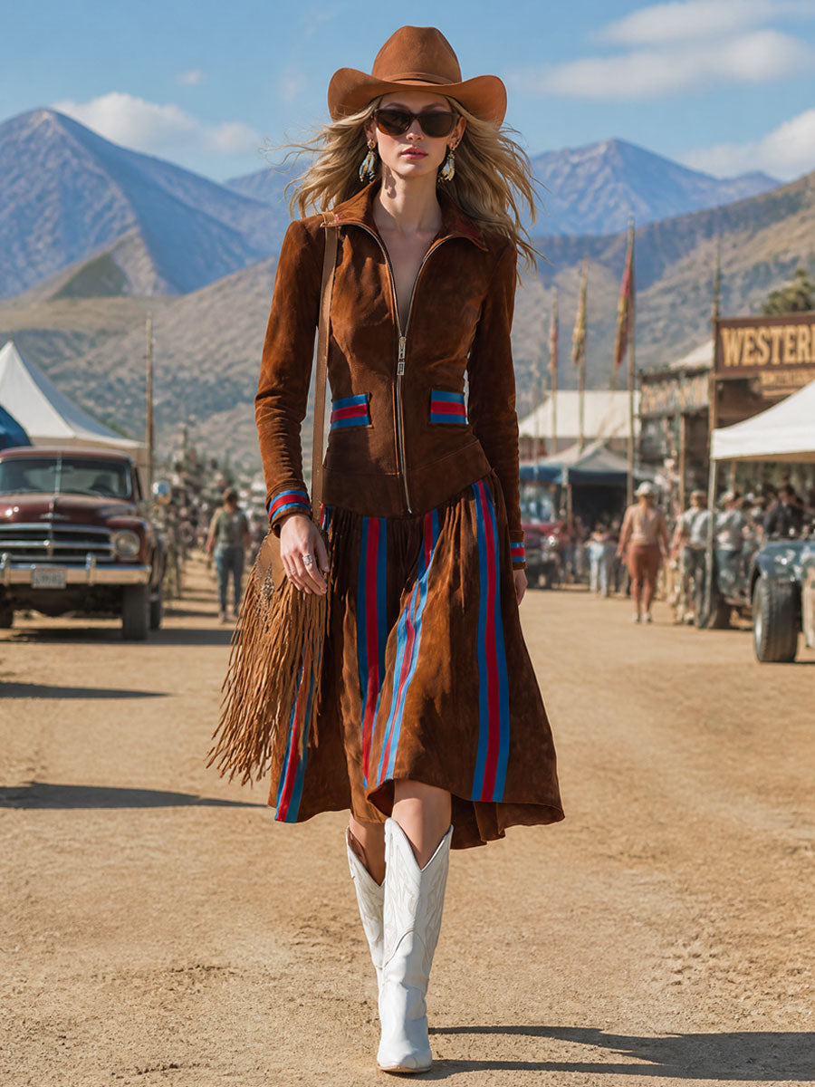 Western-style Retro Striped Dark Brown Faux Suede Long-sleeved Midi Dress
