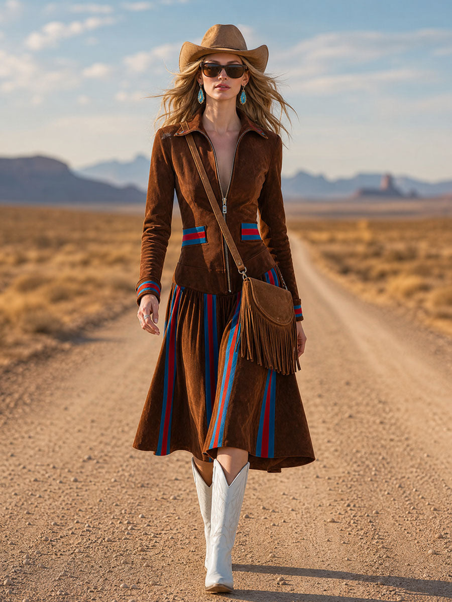 Western-style Retro Striped Dark Brown Faux Suede Long-sleeved Midi Dress