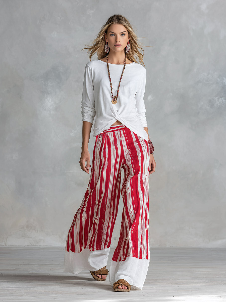 Casual Everyday White Top and Red Striped Wide-Leg Pants Cotton Set
