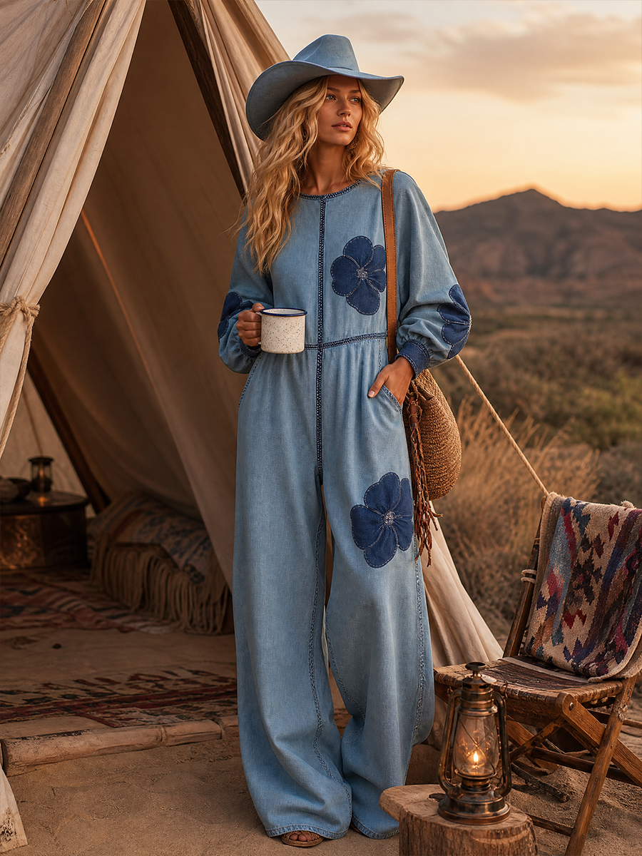 Bohemian Contrast Floral-appliqué Denim Jumpsuit