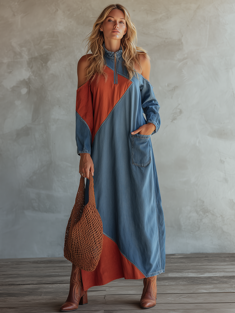 Western-style Stand-collar Zip Off-shoulder Contrast-color Diagonal-paneled Denim Dress