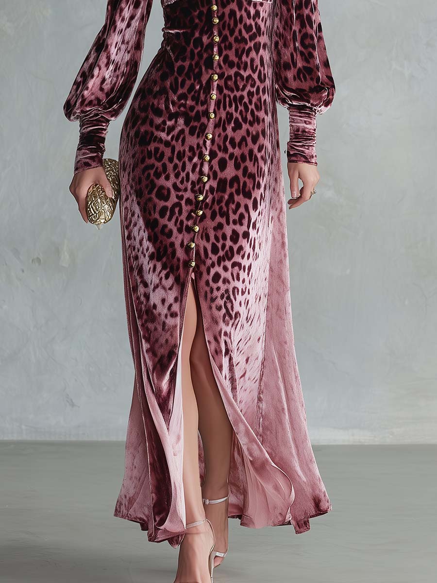 Glam Leopard Velvet Deep-V Gold-Button Slit Long-Sleeve Maxi Dress