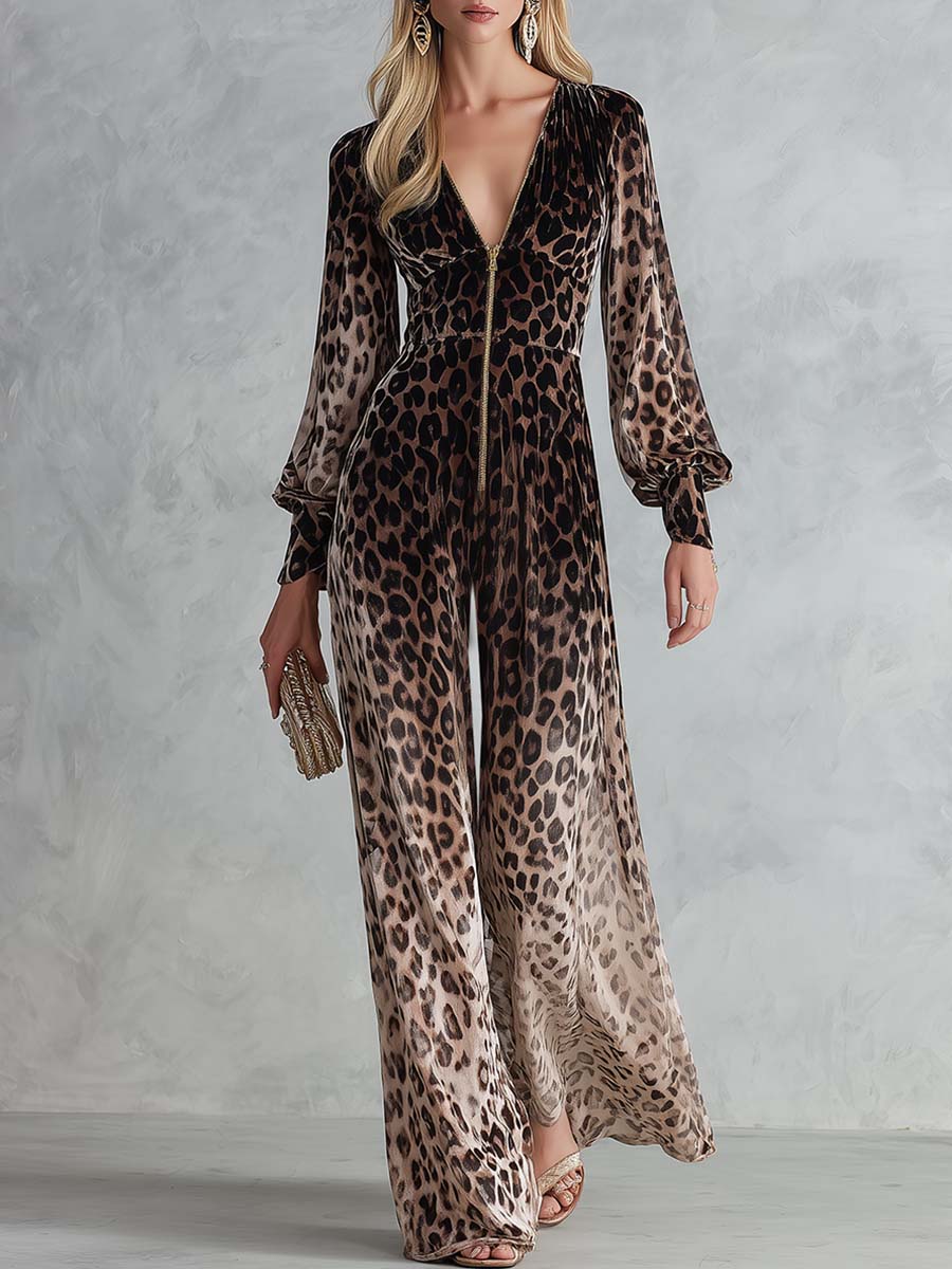 Glam Leopard Velvet Zip-Front Deep-V Long-Sleeve Wide-Leg Jumpsuit