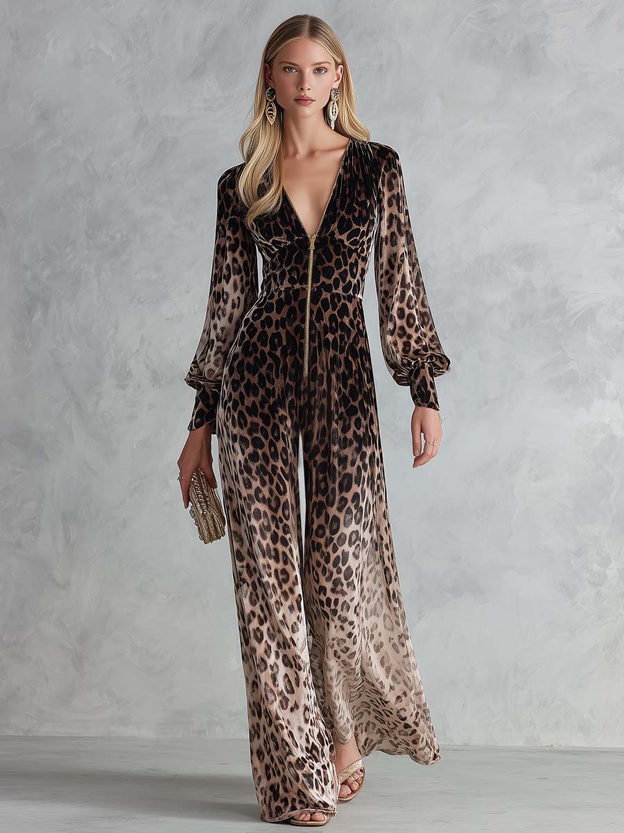 Glam Leopard Velvet Zip-Front Deep-V Long-Sleeve Wide-Leg Jumpsuit
