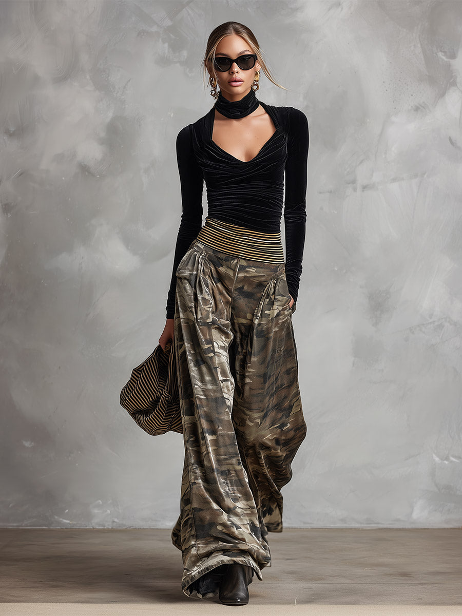 Chic Everyday Black Top And Camouflage Wide-leg Velvet Set