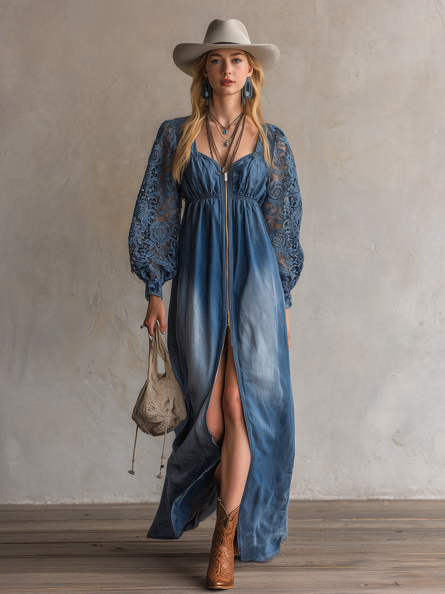 Elegant Urban Blue Denim Long-Sleeved Lace Maxi Dress