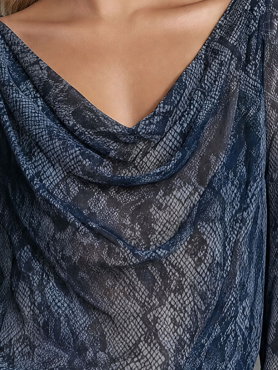 Retro-elegant Blue Snakeskin Collar Chiffon Shirt