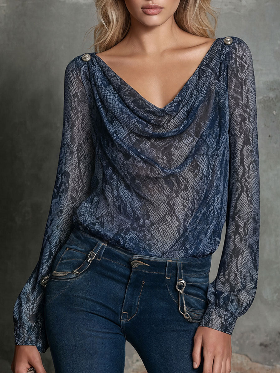 Retro-elegant Blue Snakeskin Collar Chiffon Shirt