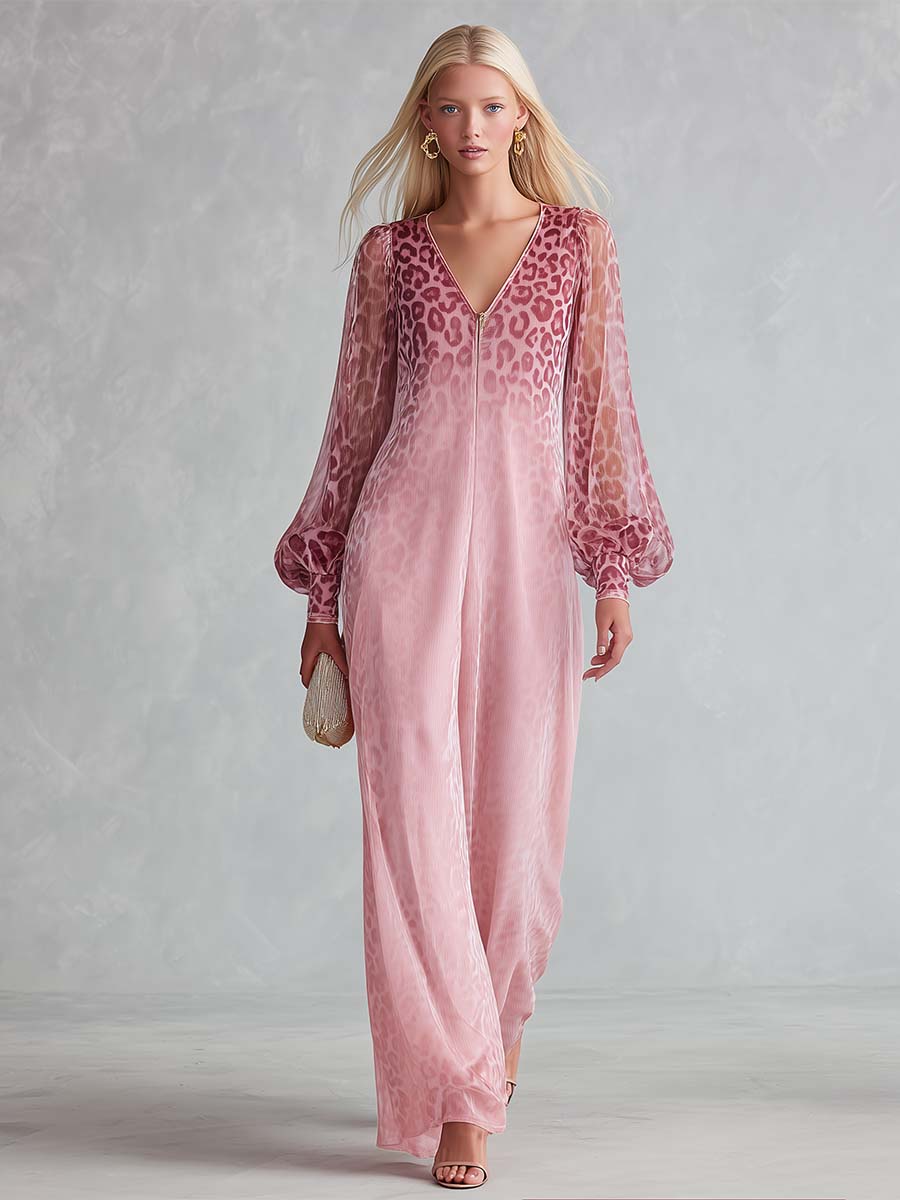 Elegant Pink Ombre Leopard Chiffon Zip-Front Sheer-Sleeve V-Neck Maxi Dress