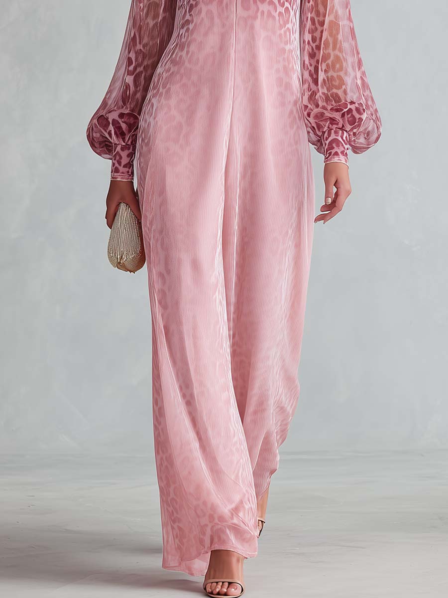 Elegant Pink Ombre Leopard Chiffon Zip-Front Sheer-Sleeve V-Neck Maxi Dress