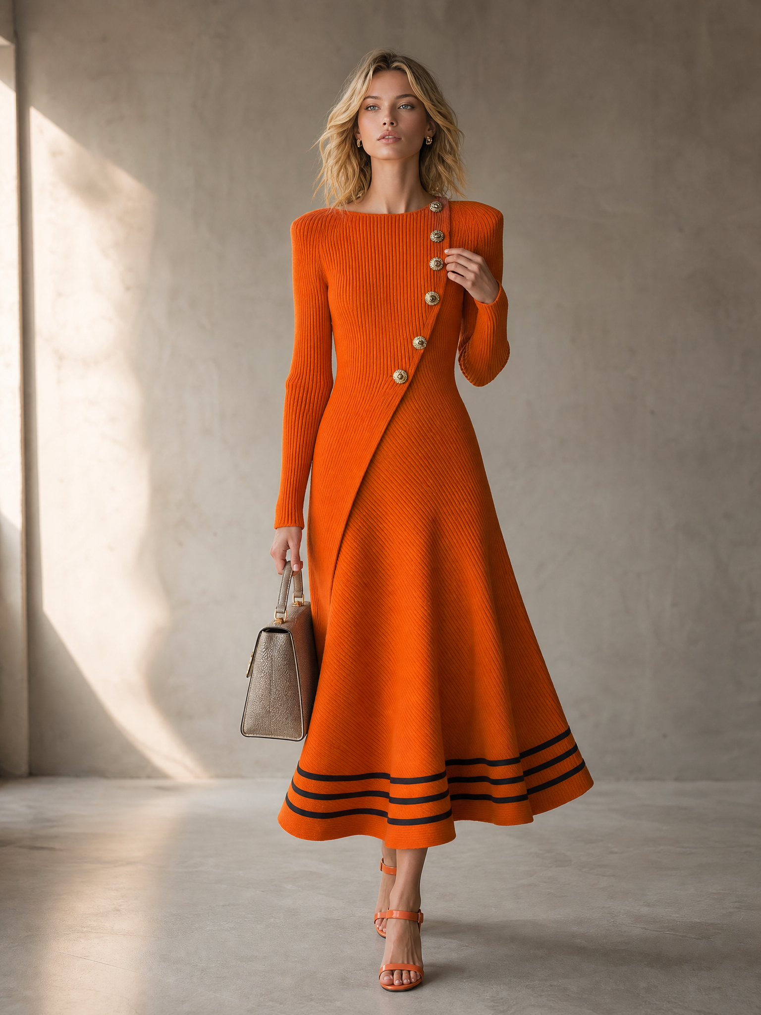Retro-casual Elegant Western-style Orange Long-sleeve Knit Dress