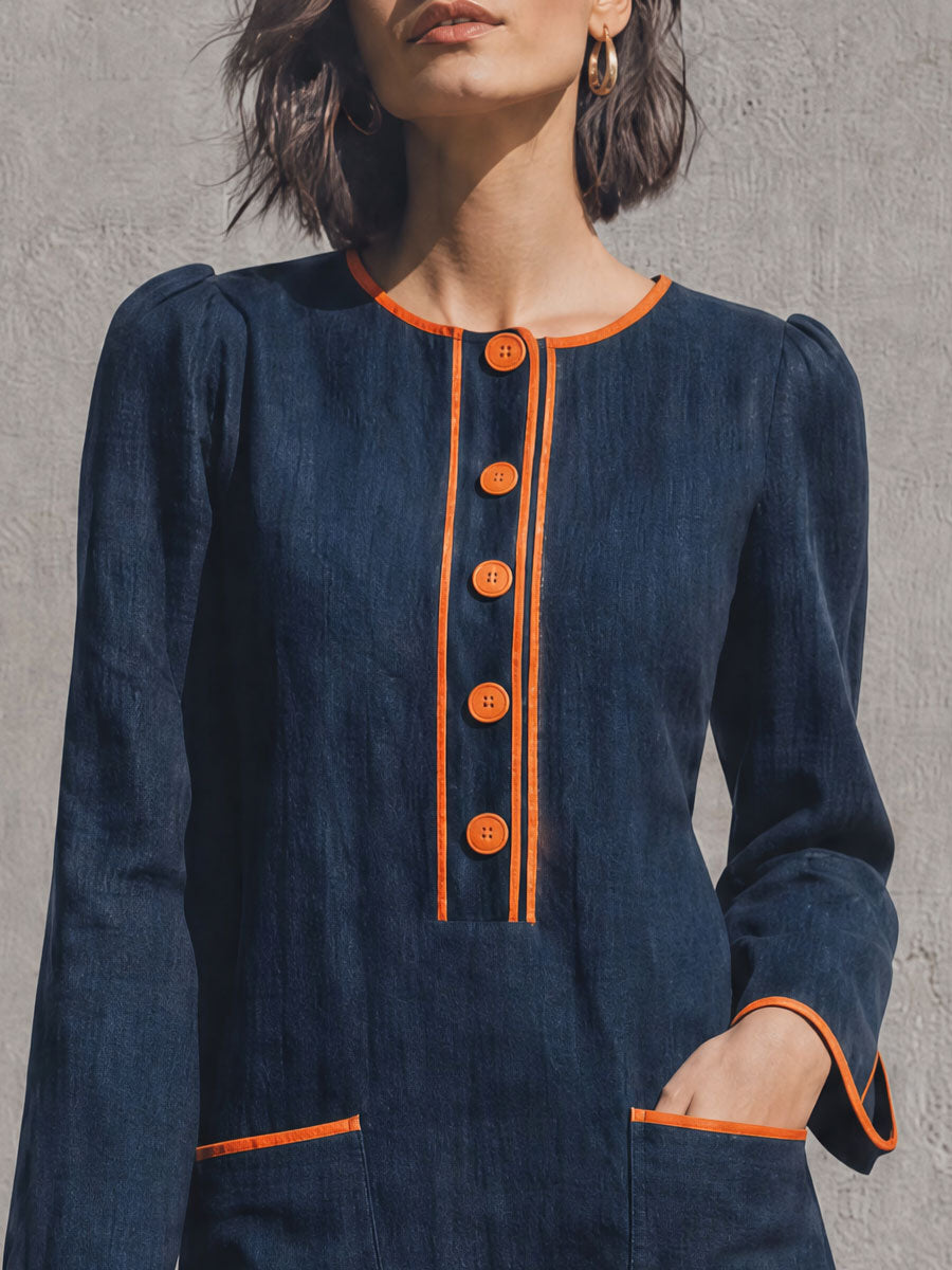 Casual Retro Color-blocked Trimmed Blue Round Neck Cotton Linen Mini Dress