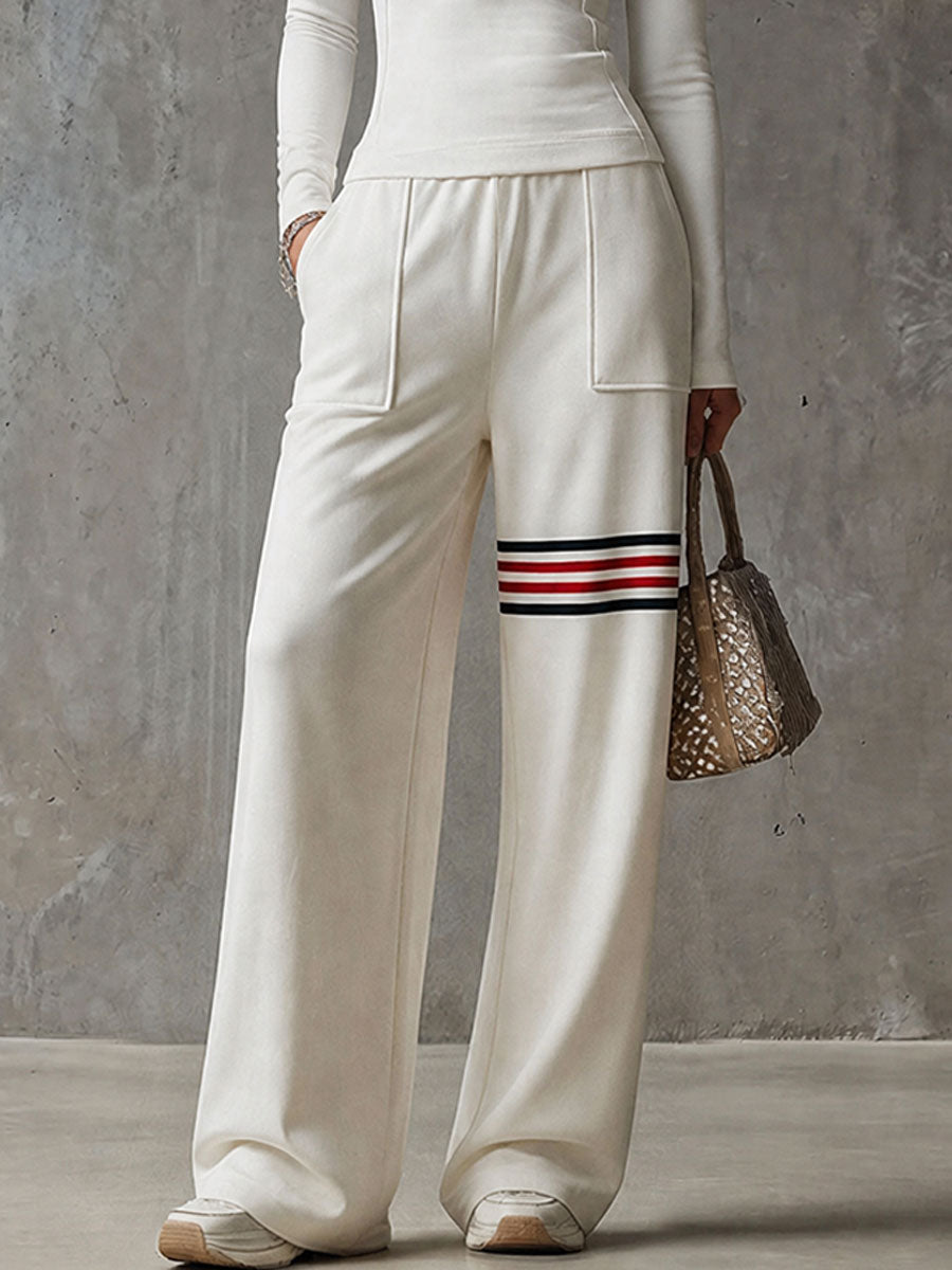 Sporty Retro Embroidered Striped White Cotton Long-Sleeved Top And Pants Set