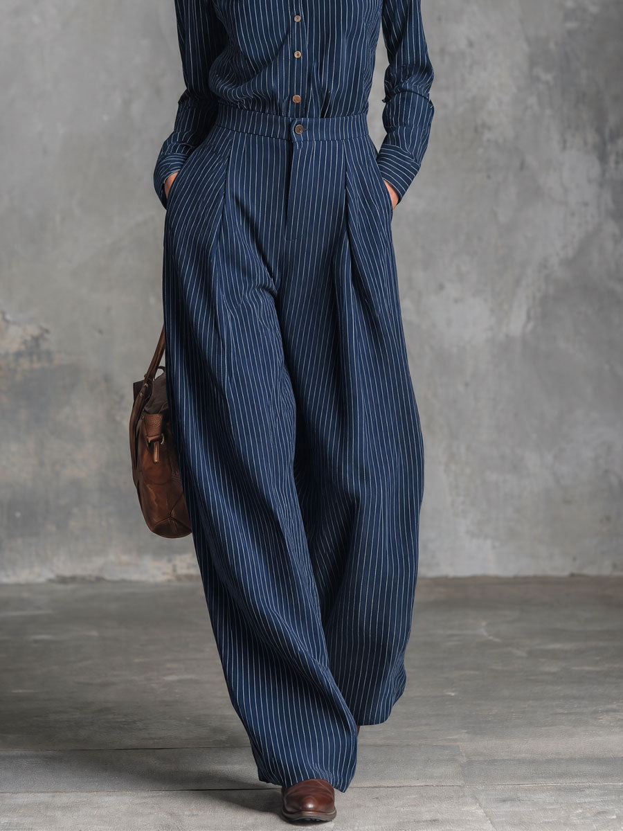 Stylish Retro Blue Striped Cotton Shirt And Trousers Set