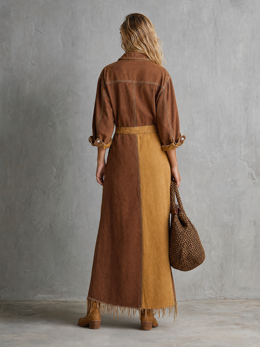 Retro American-style Lapel Zip Lace-up Belted Big-pocket Wide-leg Jumpsuit