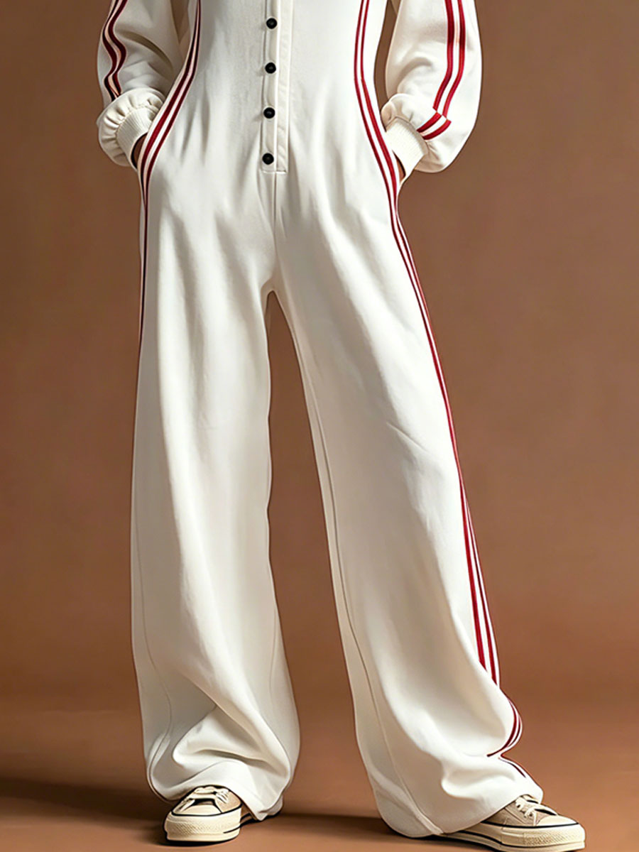 Sporty Retro Red Striped White Cotton Long-sleeved Embroidered Jumpsuit
