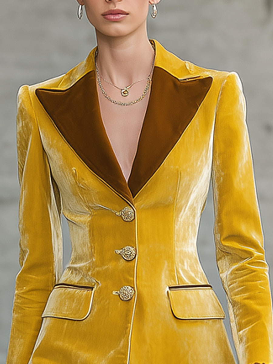 Elegant Retro Lace Ruffled Color-blocked Yellow Velvet Blazer