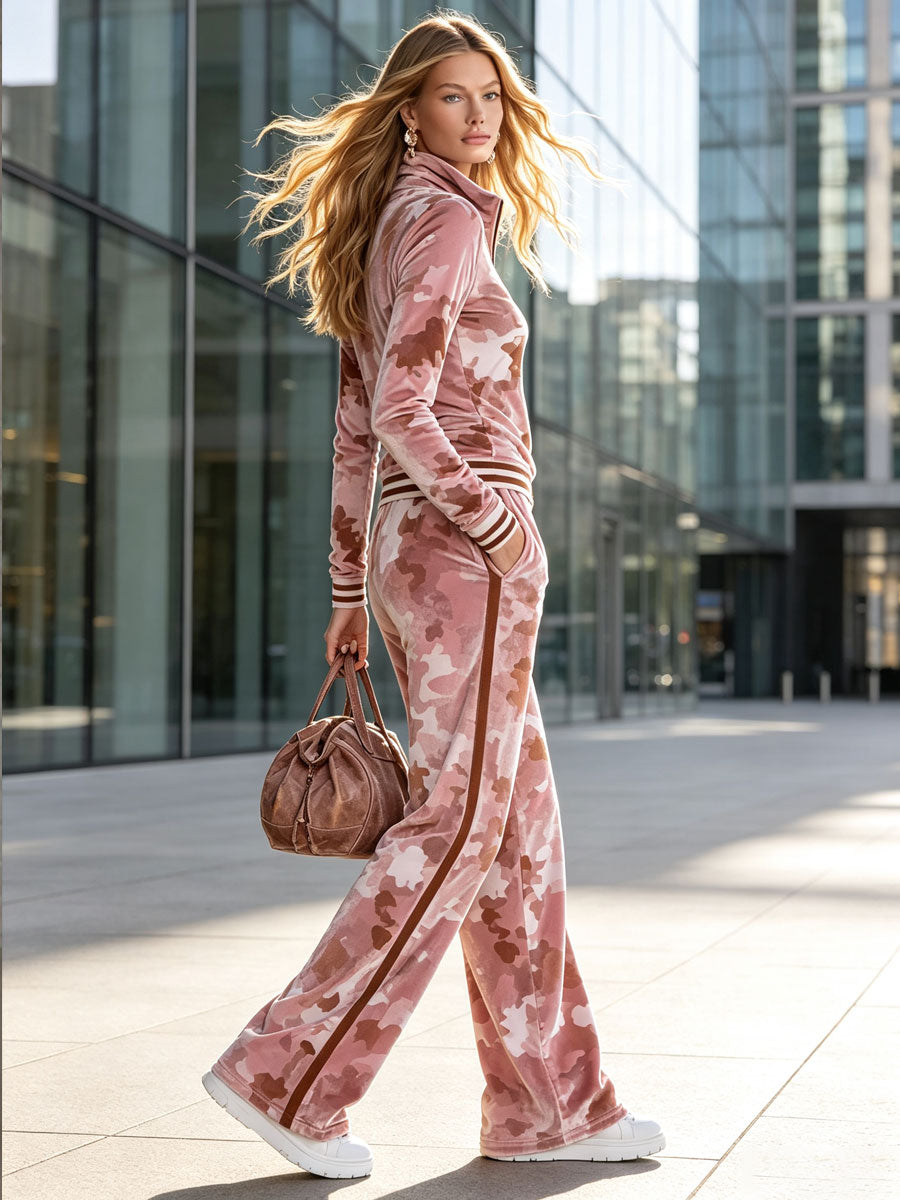 Casual Retro Half-Zip Pink Camouflage Sweatshirt And Pants Set