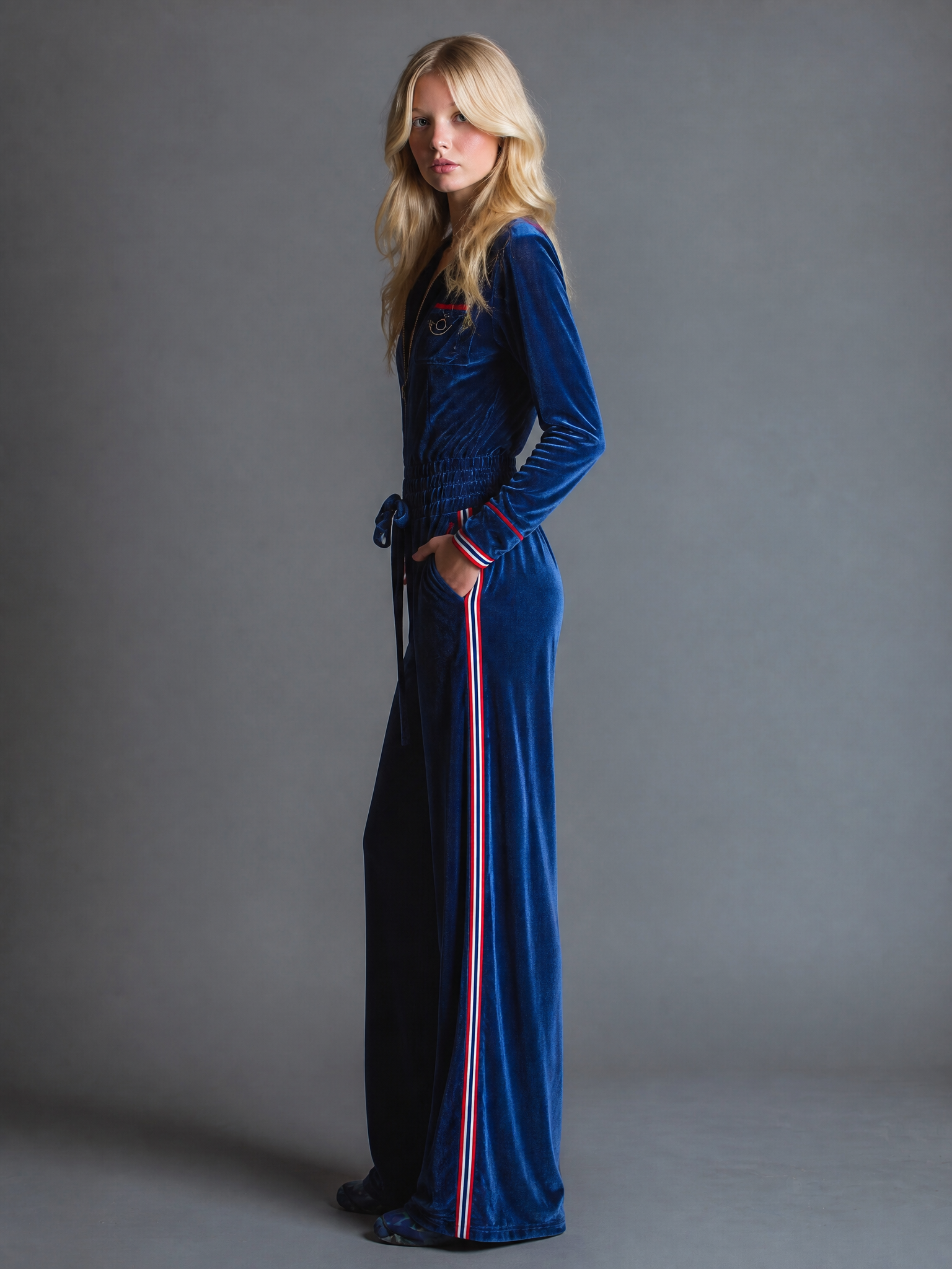 Retro Casual Sport-Trim Blue Velvet Wide-Leg Jumpsuit