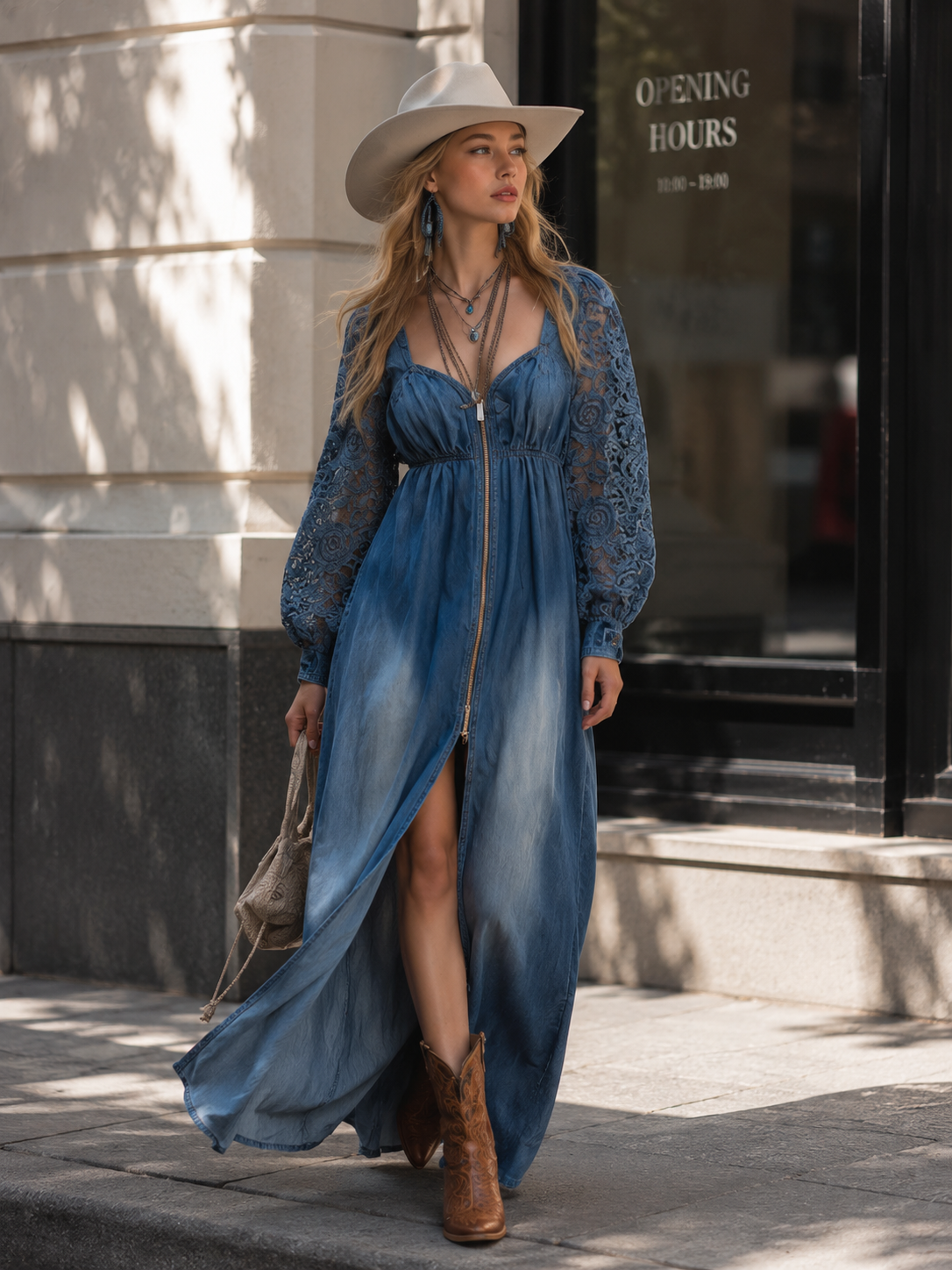 Elegant Urban Blue Denim Long-Sleeved Lace Maxi Dress
