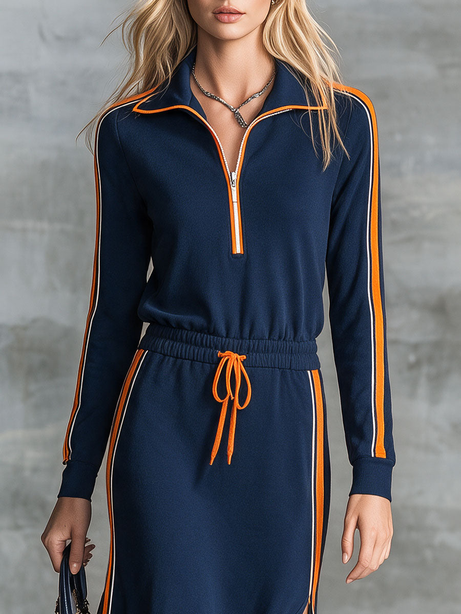 Casual Retro Color-blocked Ribbon Blue Lapel Long-sleeved Zippered Cotton Maxi Dress