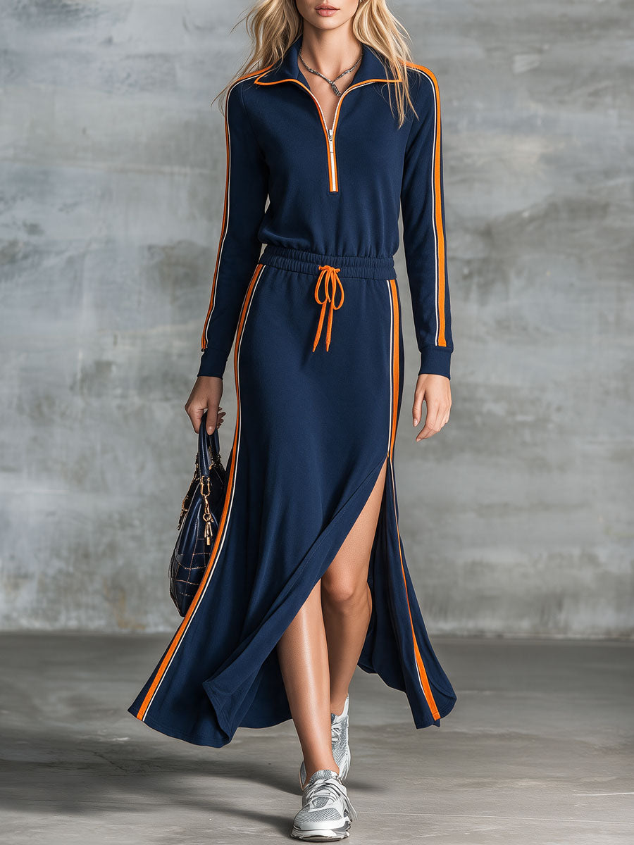 Casual Retro Color-blocked Ribbon Blue Lapel Long-sleeved Zippered Cotton Maxi Dress