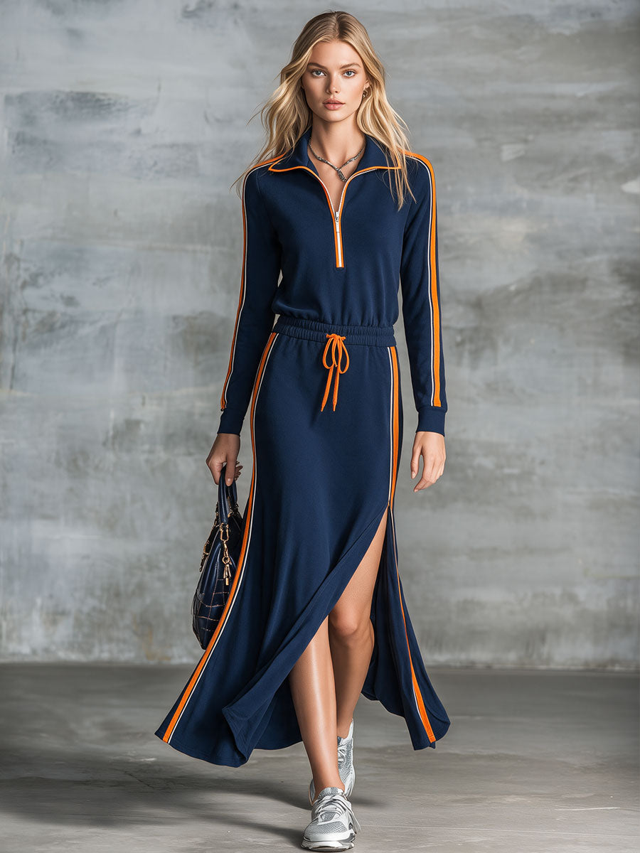 Casual Retro Color-blocked Ribbon Blue Lapel Long-sleeved Zippered Cotton Maxi Dress