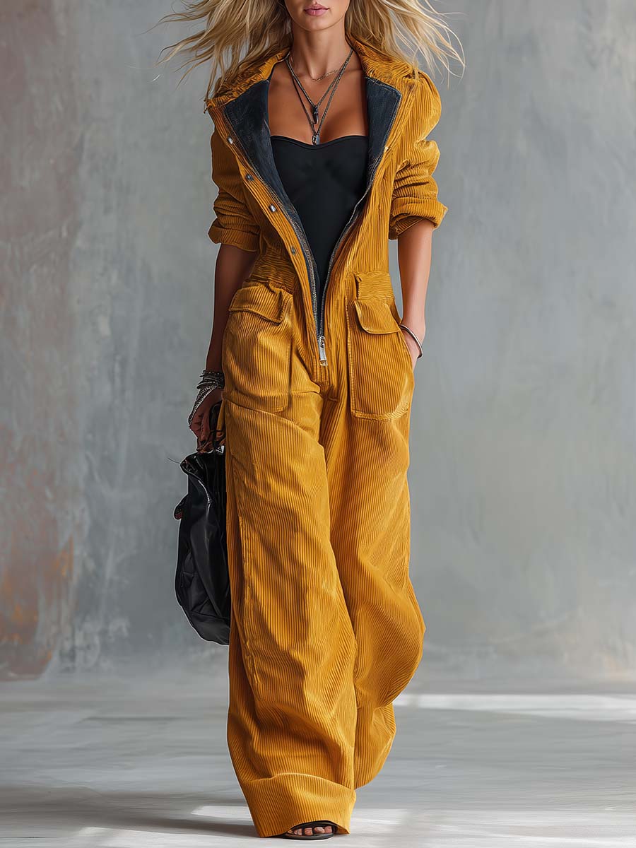 Retro Mustard Corduroy Hooded Zip-Front Wide-Leg Utility Jumpsuit With Pockets