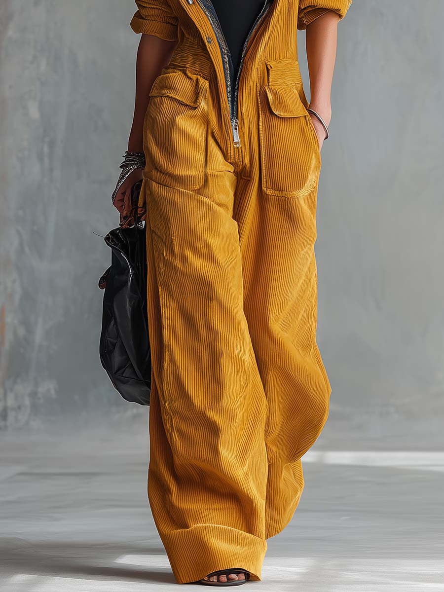 Retro Mustard Corduroy Hooded Zip-Front Wide-Leg Utility Jumpsuit With Pockets