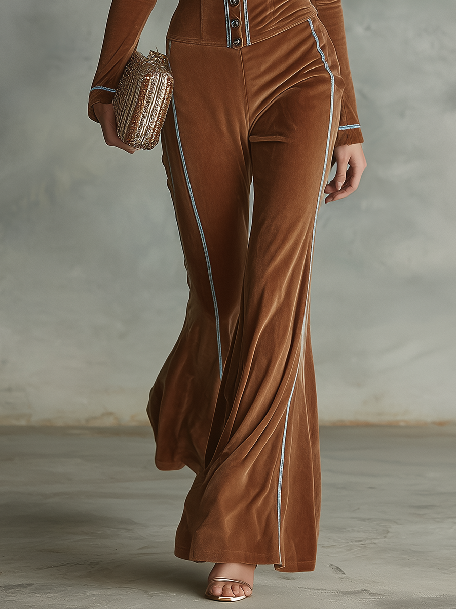 Retro-chic Western-style Brown Velvet Jumpsuit