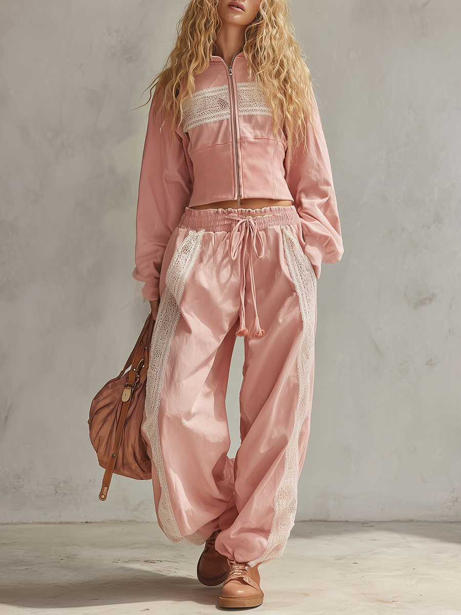 Vintage-style Casual-elegant Western-inspired Cotton Sweatshirt And Lace-paneling Set