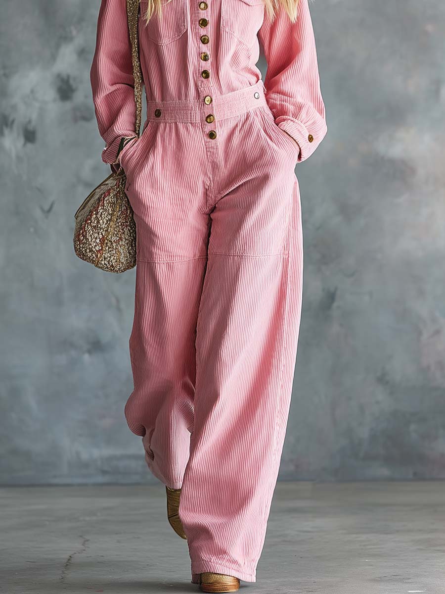 Retro Pink Corduroy Button-Front Long-Sleeve Wide-Leg Utility Jumpsuit With Pockets