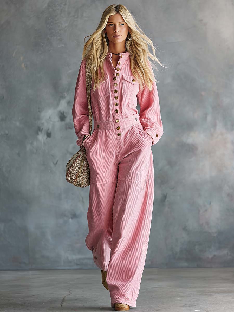 Retro Pink Corduroy Button-Front Long-Sleeve Wide-Leg Utility Jumpsuit With Pockets