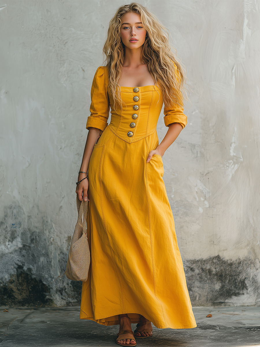 Vintage Square-neck Puff-sleeve Metal-buckle Denim Dress.