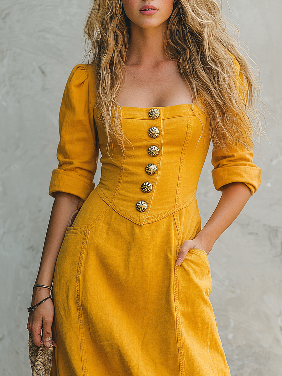 Vintage Square-neck Puff-sleeve Metal-buckle Denim Dress.