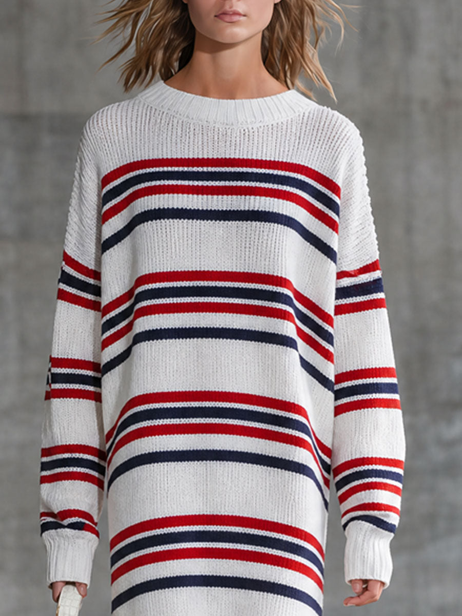 Retro-style Striped Knit Long-sleeved Midi Dress With Slits