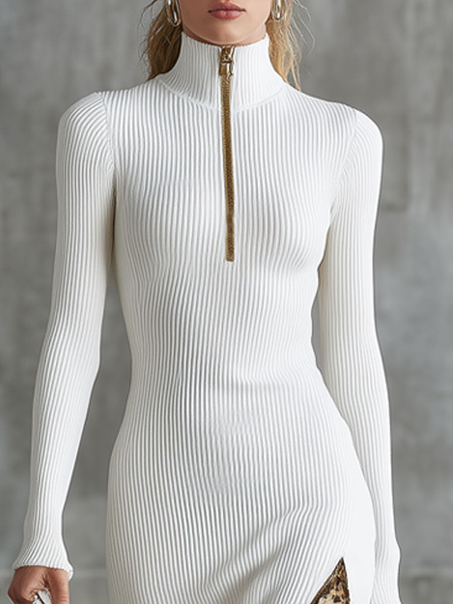 Retro-chic Leopard Print Ruffled White Knit Long-sleeved Midi Dress