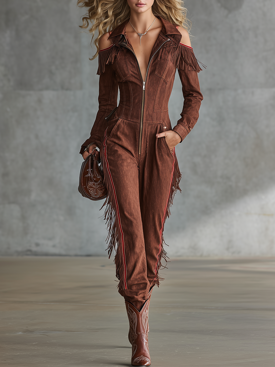 Western Cowgirl Off-shoulder Contrast-stitch Fringe Denim Jumpsuit