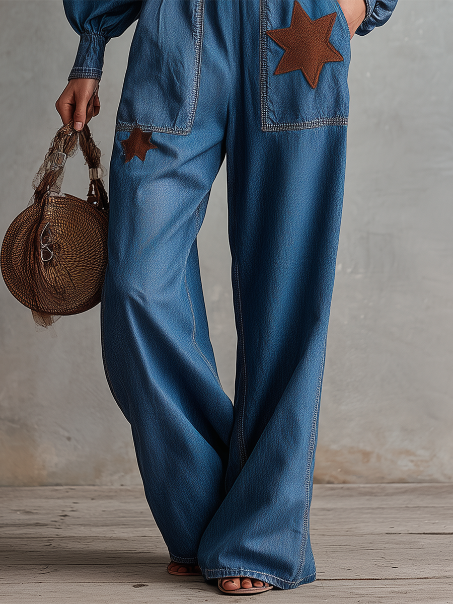 Western Vintage Square-neck Star-appliqué Denim Jumpsuit