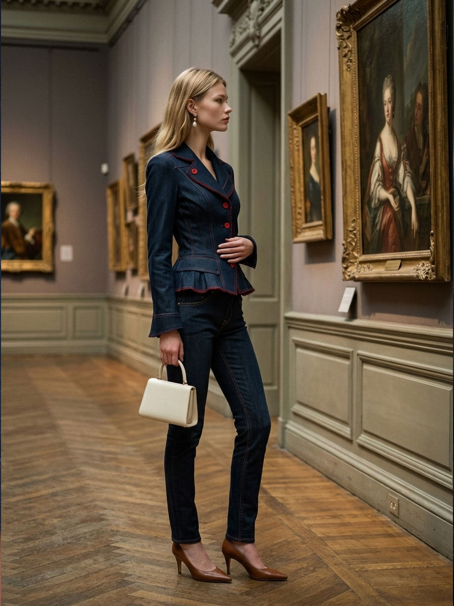 Retro-elegant Red Frayed Ruffled Dark Blue Denim Blazer