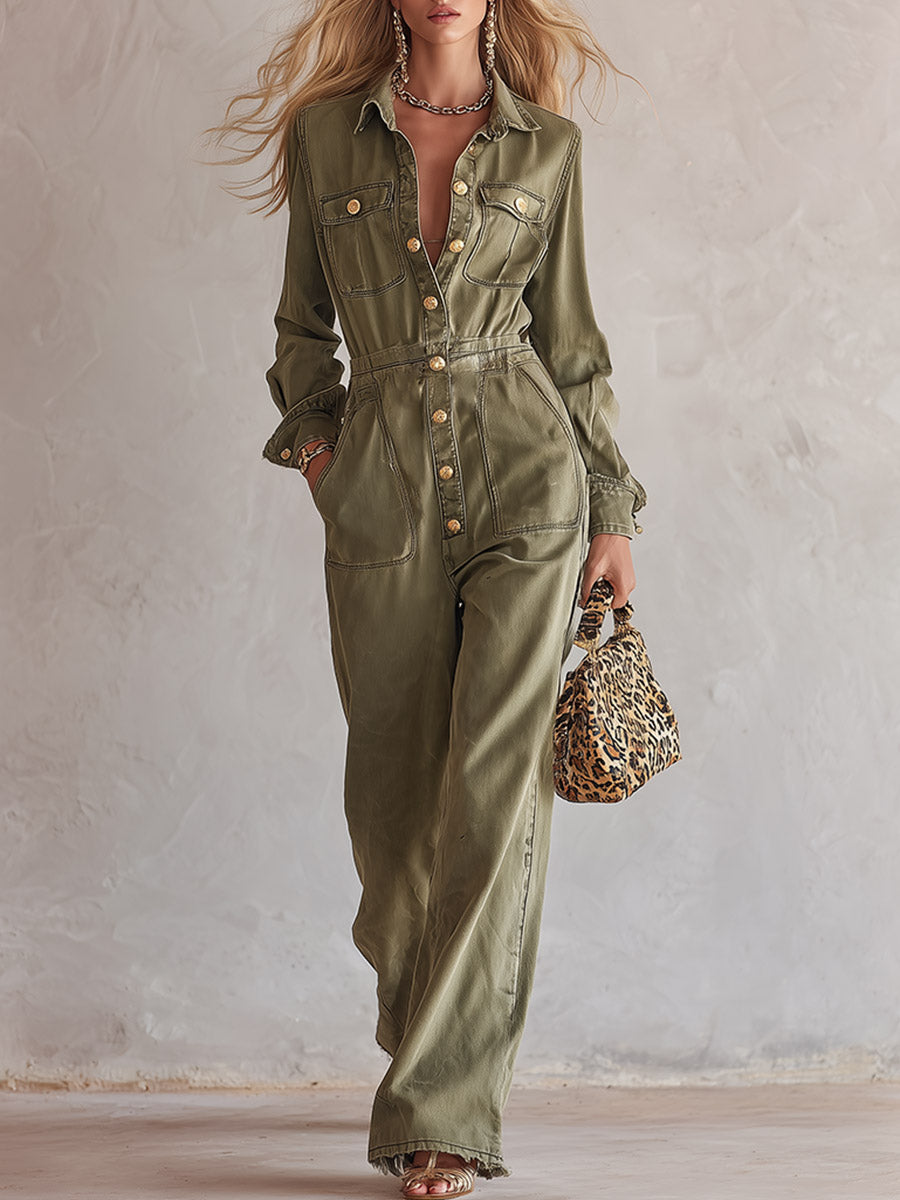 Vintage Military-style Green Denim Single-breasted Jumpsuit