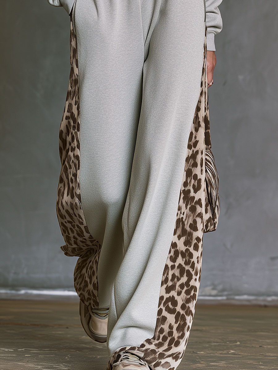 Casual Sporty Retro Brown Suede Patchwork Gray Cotton Top And Pants Set