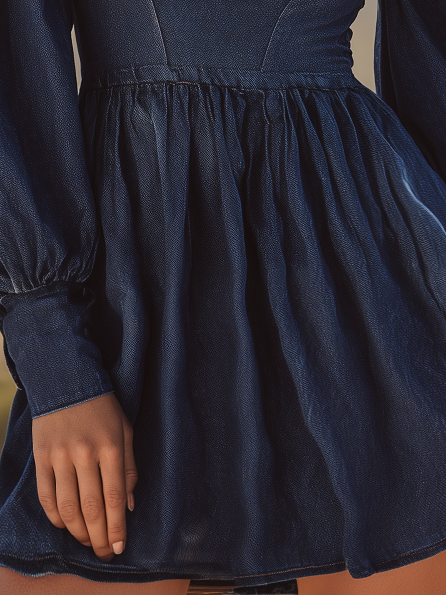 Retro Western Square-neck Puff-sleeve Fitted Puffball-hem Denim Dress