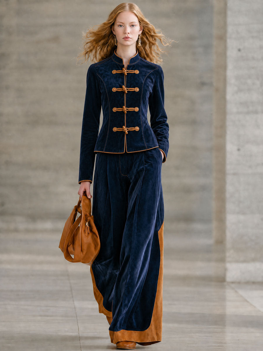 Elegant Retro Navy Blue Faux Suede Jacket