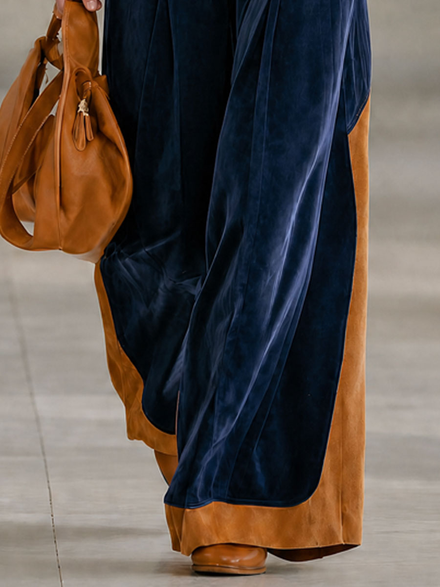 Elegant Retro Camel And Navy Blue Faux Suede Wide-leg Pants