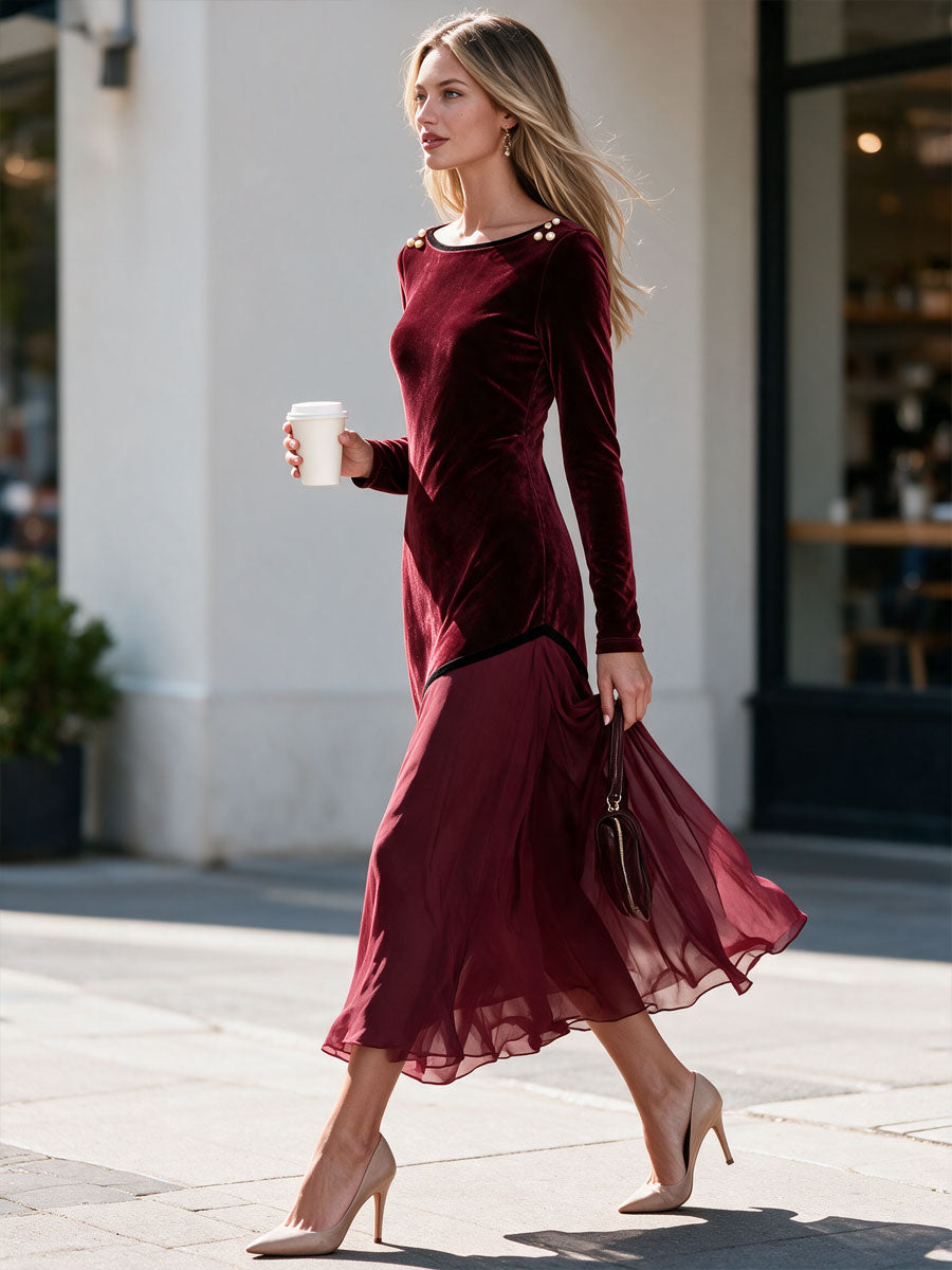 Retro Elegant Burgundy Long-sleeved Velvet Chiffon Midi Dress
